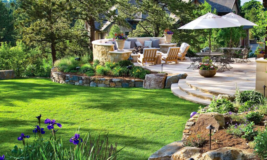 luxury landscaping around pine trees