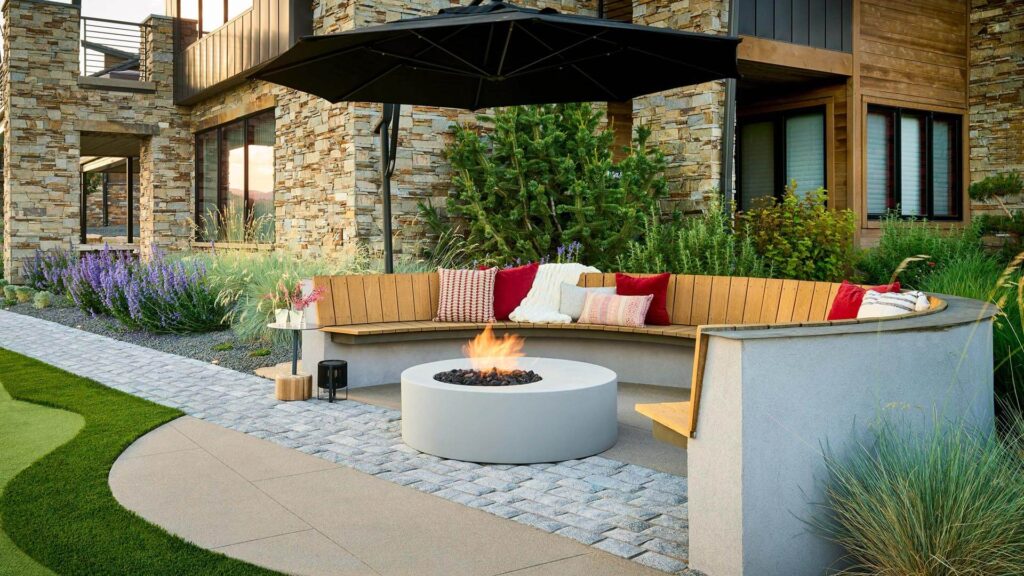 custom fire feature bench seating mountain view patio