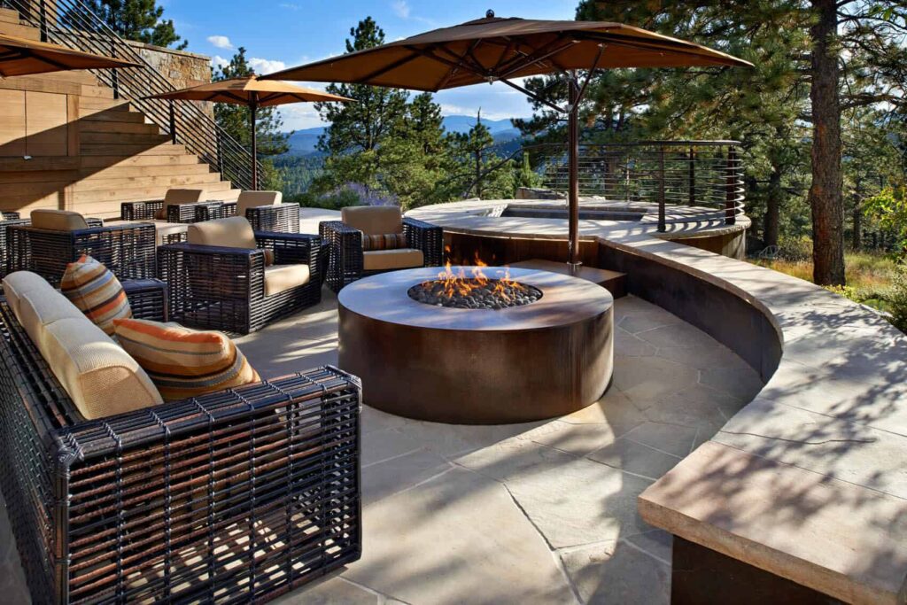 custom fire pit lounge area modern backyard illumination