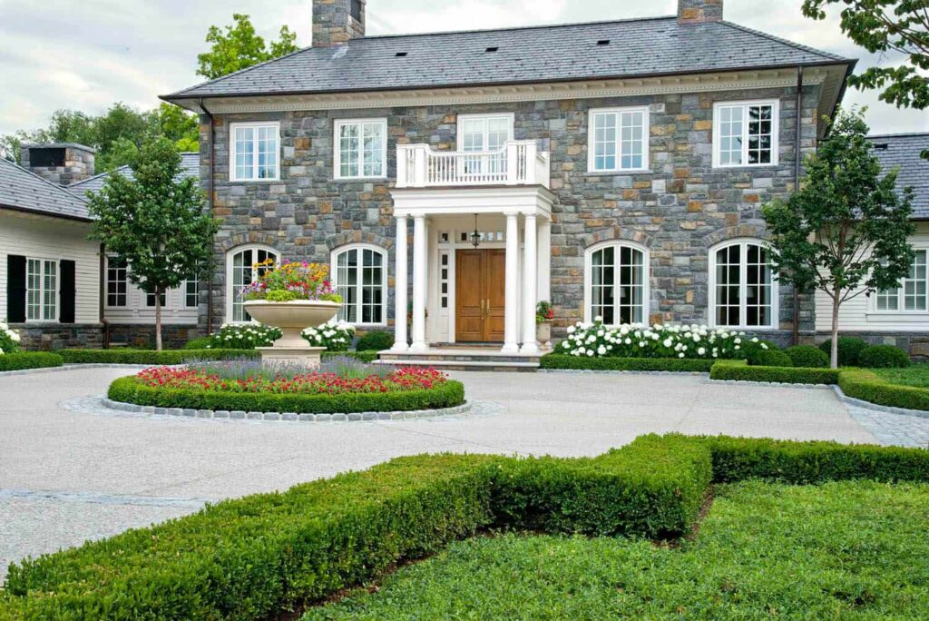 elegant backyard patio flagstone pavers outdoor fireplace