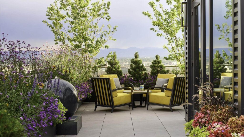 luxury outdoor fire feature downtown denver skyline view