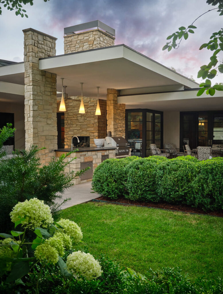 luxury outdoor seating area with clean line masonry