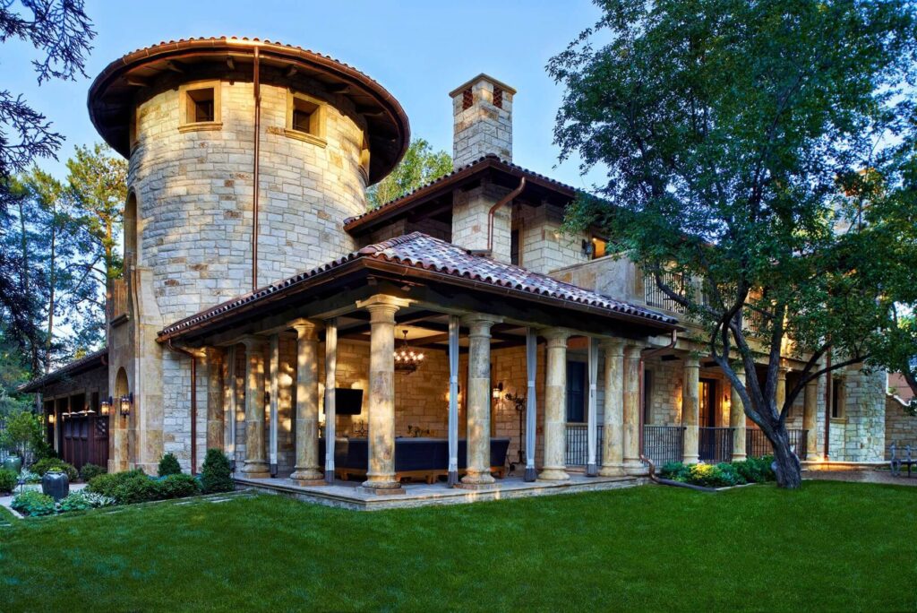 mediterranean style estate front entry fountain design