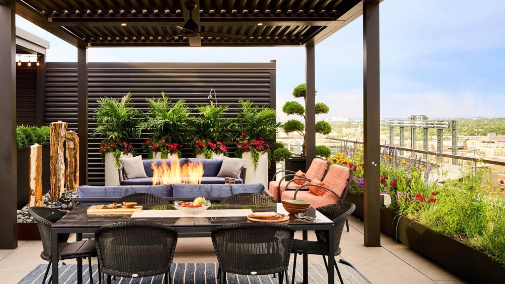 modern high rise terrace design planters and pavers