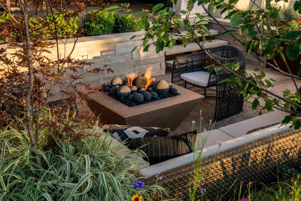 modern outdoor dining space with custom bench seating