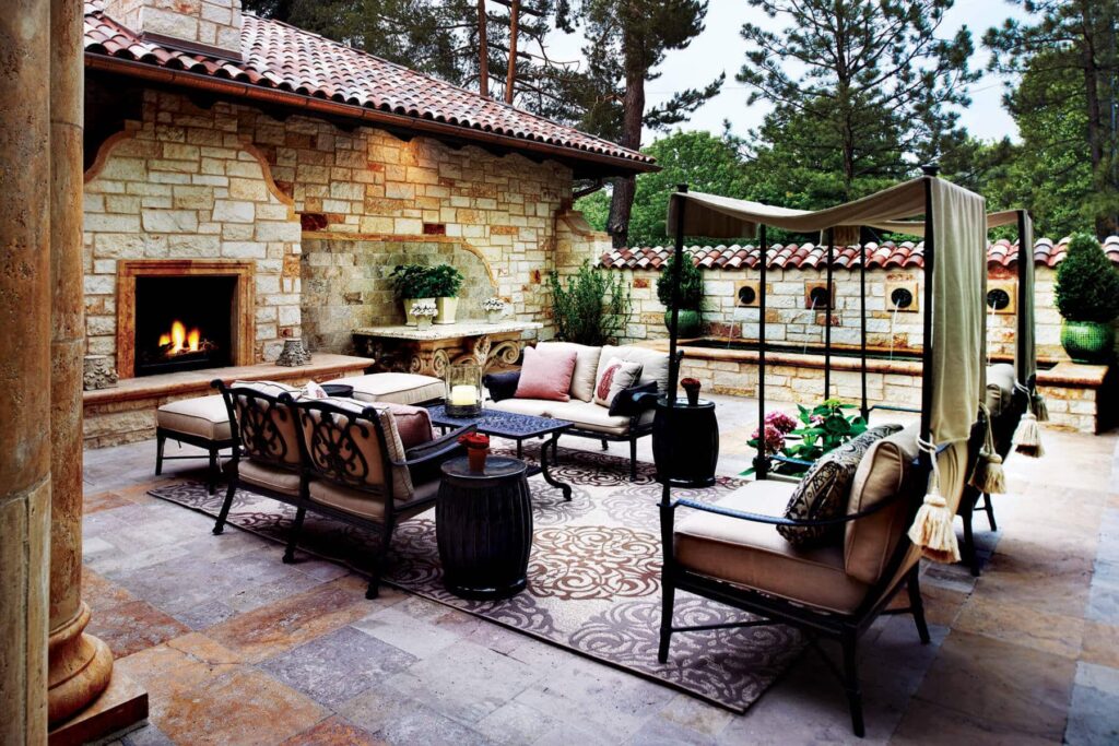 polo club villa tiered outdoor fountain water feature detail