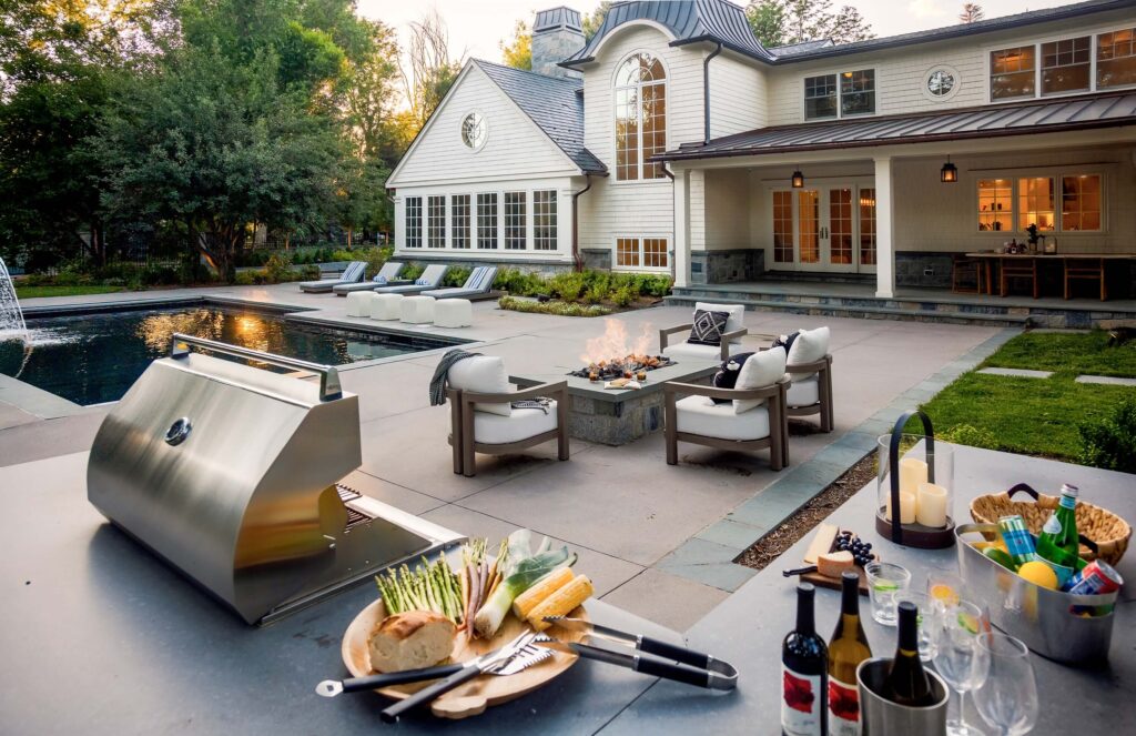 sophisticated fire pit lounge area modern backyard