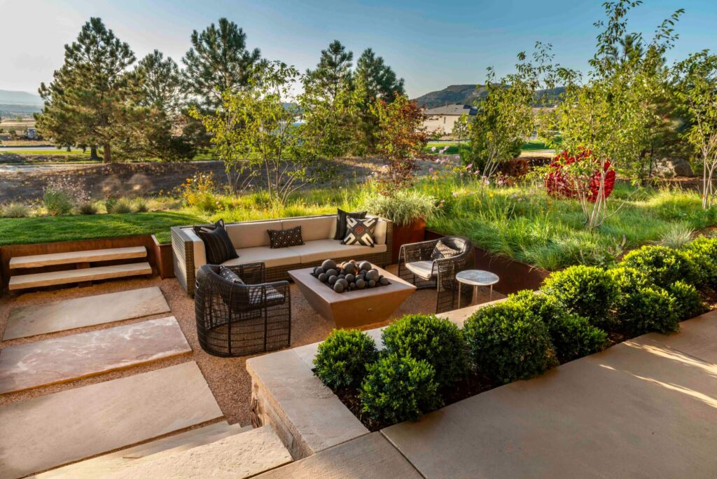 sophisticated fire pit lounge area south denver patio